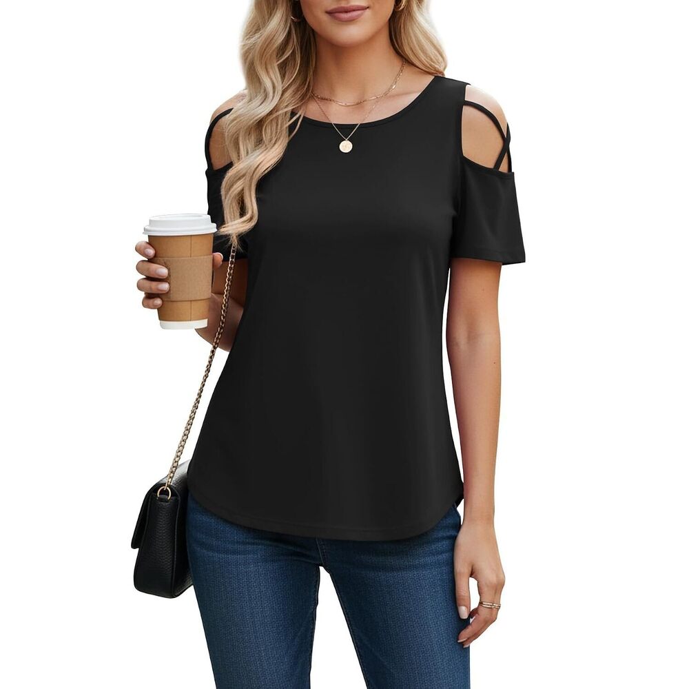 T Shirts for Womens Summer Tops Casual Strappy Cold Shoulder Tops Short